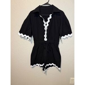 Black & White Scalloped Romper Medium, Collared Short Sleeve Drawstring Waist